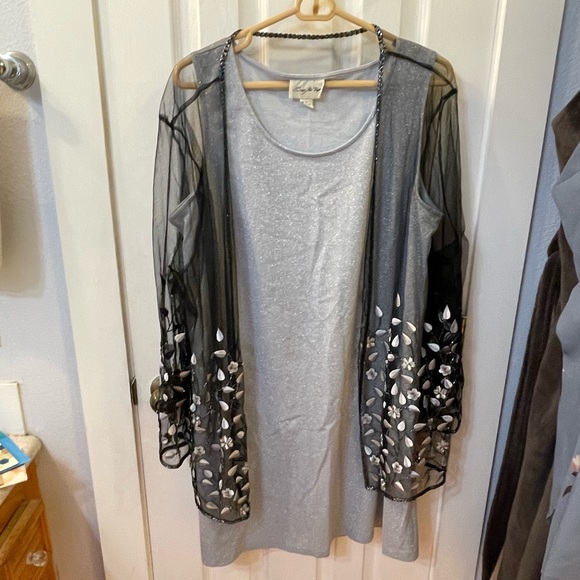 2pc Size Me Up 1X silver sparkle sheath dress and sheer black jacket embroidered - Picture 6 of 14